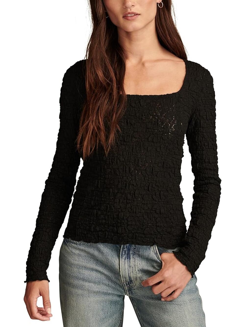Lucky Brand Women's Small Jet Black Long Sleeve Textured Square Neck Top E12-4 - Picture 1 of 11